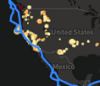 Map of the US with earthquakes and tectonic plate borders